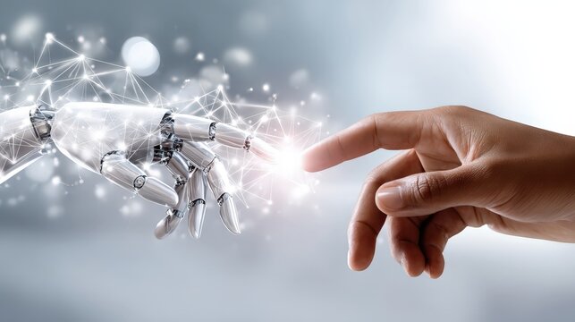 Human hand touching robotic hand creating digital connection