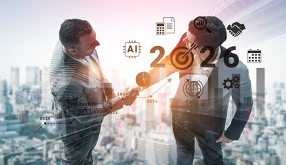 Bar graphs, charts, and number 2026 with AI and data analysis icons symbolizing future business innovation and analytics Parse