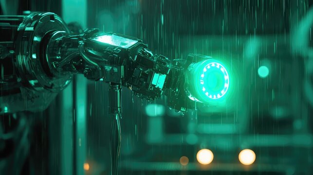 Cyberpunk robot arm operating in a rainy night