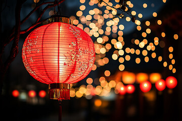 Obraz premium chinese new year, red lanterns hanging in the night sky,