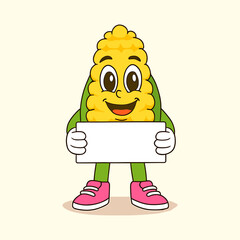 Happy Cartoon Mascot Corn Holding White Sign