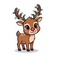 Fototapeta premium Adorable cartoon reindeer with christmas lights on antlers against a black backdrop on transparent background