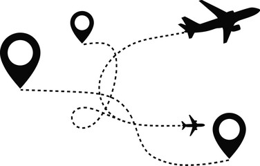 Airplane flying between multiple location pins on a dotted travel route