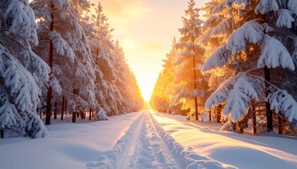 Magical winter wonderland scene with snow covered trees and glistening sunlight, inviting exploration and adventure, perfect for holiday themes, seasonal promotions, and serene landscapes