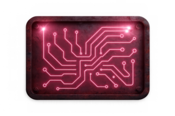 Pink neon circuit board design glowing on a rusted metal plaque, illustrating digital technology and futuristic data concepts