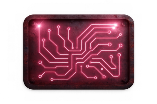 Pink neon circuit board design glowing on a rusted metal plaque, illustrating digital technology and futuristic data concepts