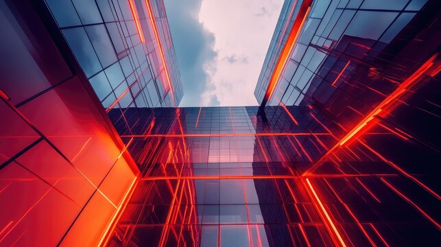 Modern glass building reflecting red neon lights