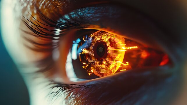 Human eye with digital glowing circuit board iris - Powered by Adobe