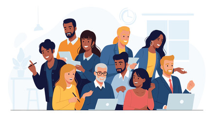 Happy diverse team collaborating on laptops and tablets in modern office, fostering innovation and teamwork, great for corporate communications use