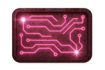 Cyberpunk glowing pink circuit board sign with neon light effect on a rusty metal plate, digital technology concept background