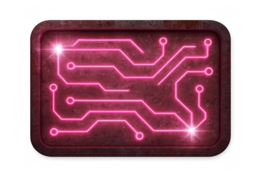 Cyberpunk glowing pink circuit board sign with neon light effect on a rusty metal plate, digital technology concept background