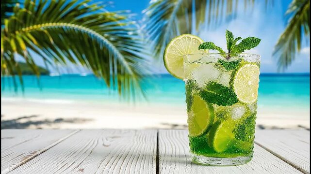 Refreshing mojito cocktail with lime and mint on a rustic wooden table with blurred tropical