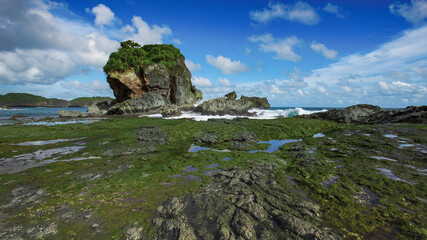 Rocky Shoreline Under Blue Skies