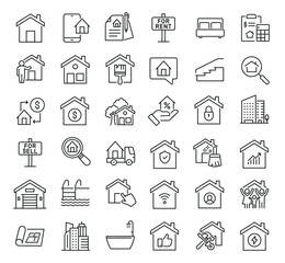 Set of collection line icons related Real Estate. Editable stroke. Perfect pixel on transparent background