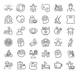 Set of collection line icons related Wellness, Wellbeing, Healthy Lifestyle. Editable stroke. Perfect pixel on transparent background