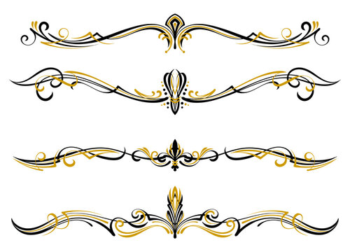 Floral art illustration. Black and gold pinstripes art motorcycle and car. Retro and vintage ornaments. For vinyl sticker, painting template, tattoo, apparel, border, frame. Vector Eps 10.