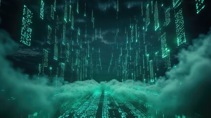 Digital data flowing through futuristic cloud network cityscape