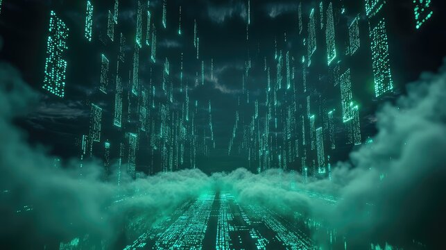 Digital data flowing through futuristic cloud network cityscape
