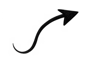 Black brush stroke arrow pointing up and right, drawing a curved direction or path, isolated on transparent background