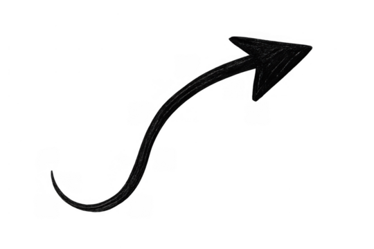 Black brush stroke arrow pointing up and right, drawing a curved direction or path, isolated on transparent background - Powered by Adobe