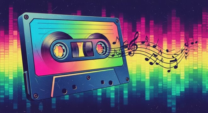 Vibrant Retro Cassette Tape with Music Notes on an Equalizer Background - Powered by Adobe