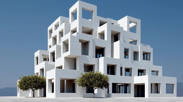 Tall white building with a tree in front of it. The building is made of white bricks and has many windows. The building has a modern and minimalist design