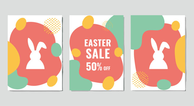 Vibrant Easter sale announcement with 50% off discount and playful bunny graphic, perfect for spring promotions
