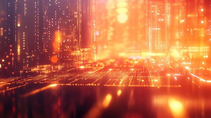 Digital city data stream glowing orange and gold