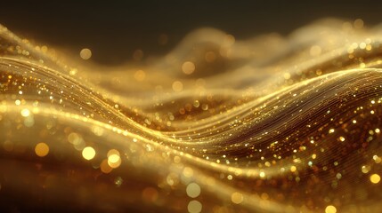 Golden glittering particles flowing on abstract data waves