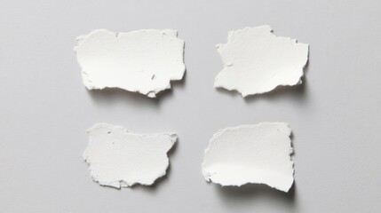 Fototapeta premium Four white paper fragments with irregular torn edges, varying slightly in size and shape,