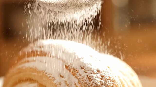 Powdered sugar falls from a sifter onto a golden baked good in a close-up.