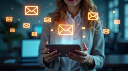 A young woman in a gray suit interacts with her tablet, surrounded by glowing email icons, representing digital communication.