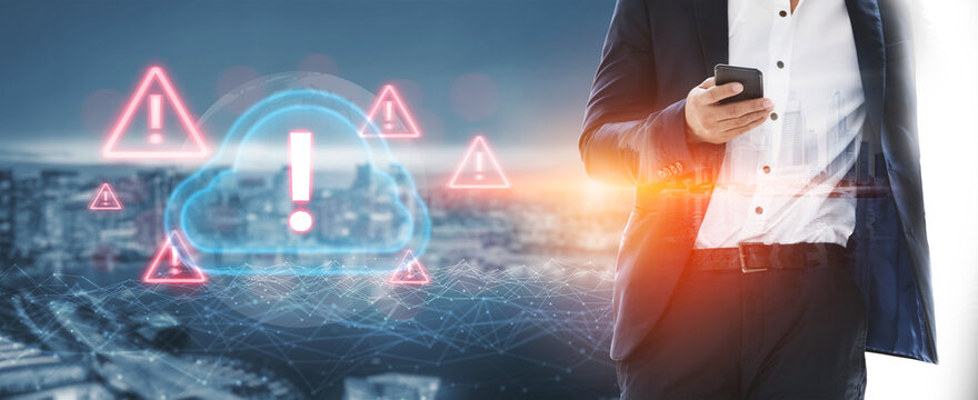 Red alert triangles over a blue cloud icon, symbolizing cloud security threats, system warnings, and data protection risks in digital environments Parse