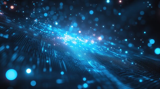 Abstract digital data particles flowing on a dark background