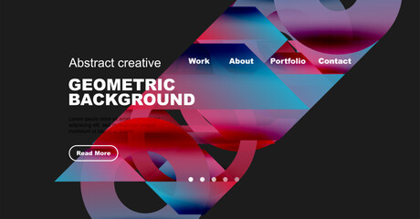 Modern website mockup displays vibrant geometric background. Navigation includes work, about, portfolio, contact options. Text promotes content access.