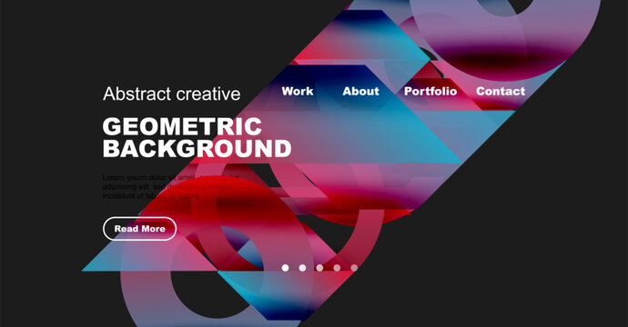 Modern website mockup displays vibrant geometric background. Navigation includes work, about, portfolio, contact options. Text promotes content access.