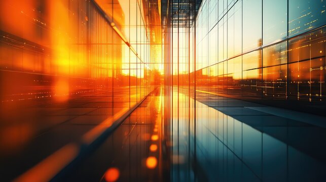 Modern building glass facade reflecting warm sunset light