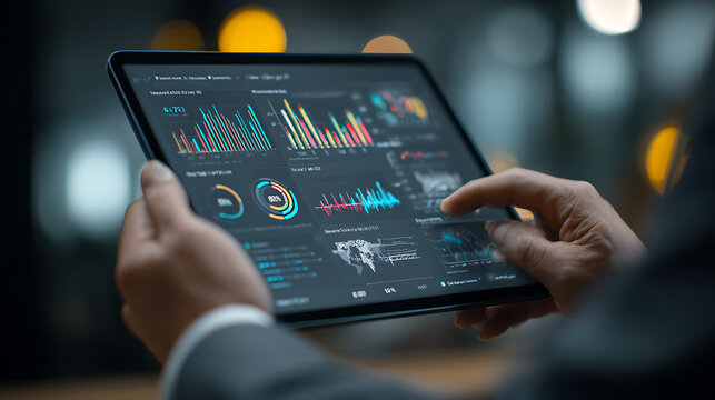 business analyst in a suit working on a tablet device featuring charts graphs and performance dashboards capturing financial insights strategic planning and data evaluation