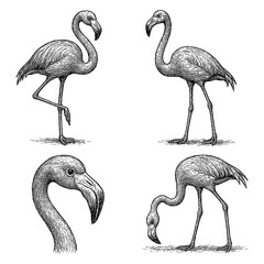 Flamingos in various poses drawn in vintage engraving style, Transparent Background
