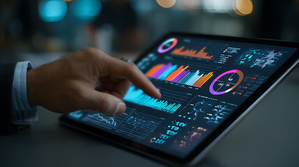 business analyst in a suit working on a tablet device featuring charts graphs and performance dashboards capturing financial insights strategic planning and data evaluation