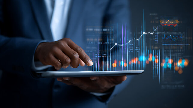 business analyst in a suit working on a tablet device featuring charts graphs and performance dashboards capturing financial insights strategic planning and data evaluation