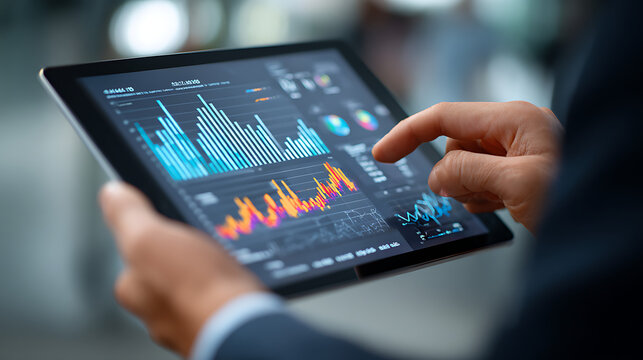 business analyst in a suit working on a tablet device featuring charts graphs and performance dashboards capturing financial insights strategic planning and data evaluation