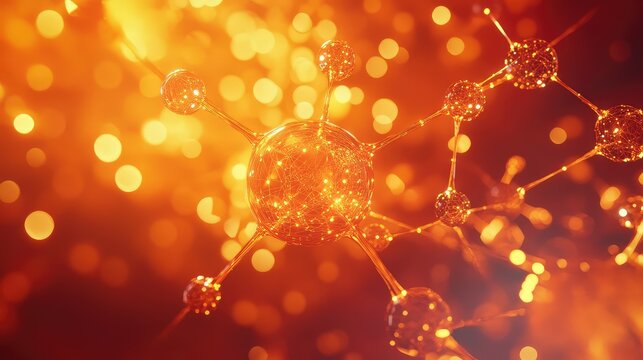 Abstract molecule structure connecting dots on orange background