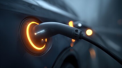 Fast Electric Vehicle Charging Cable Closeup with Glowing Indicator Urban Environment Technology Showcase Futuristic Viewpoint Sustainable Transport Concept