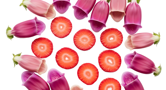 Delicate blooms and fresh strawberries create a vibrant floral arrangement on a white background