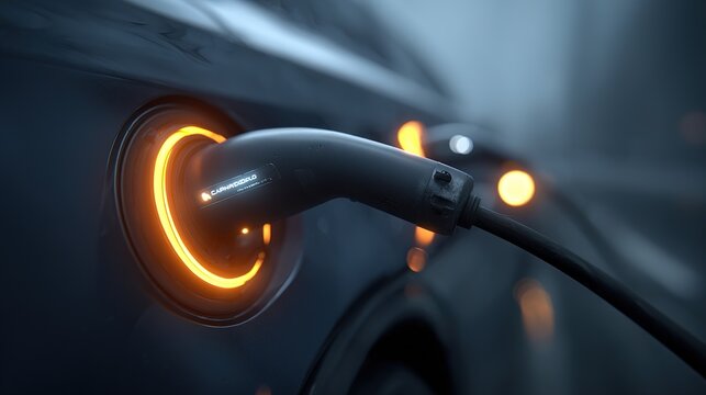 Fast Electric Vehicle Charging Cable Closeup with Glowing Indicator Urban Environment Technology Showcase Futuristic Viewpoint Sustainable Transport Concept