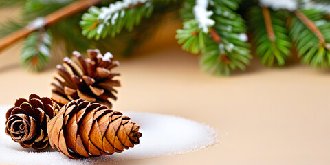 Close-up composition of frosted pine cones, aromatic cinnamon sticks, and soft evergreen needles - natural holiday background