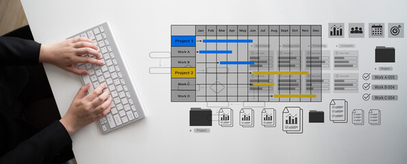 Digital visualization of multiple project timelines with progress tracking, documents, and team collaboration symbols Parse