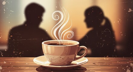 A captivating moment of warmth with a steaming coffee cup and blurred figures in the background on