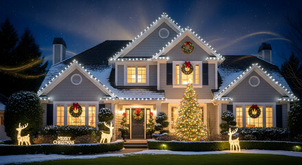 Residential Home Lavishly Decorated for Christmas with Twinkling Lights, Festive Reindeer, and a Bright Outdoor Tree, Perfect for Holiday Season Promotions
